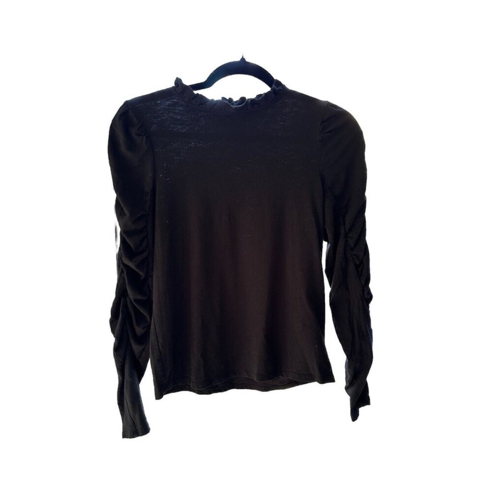 Anthropologie Maeve Womens Black Ruffle Neck Ruched Long Sleeve Blouse Top XL